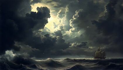 A ship sails through a stormy night sky illuminated by the moon.