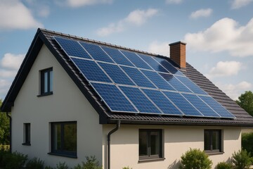Fototapeta premium Residential solar panel installation on modern house roof showcasing renewable energy technology