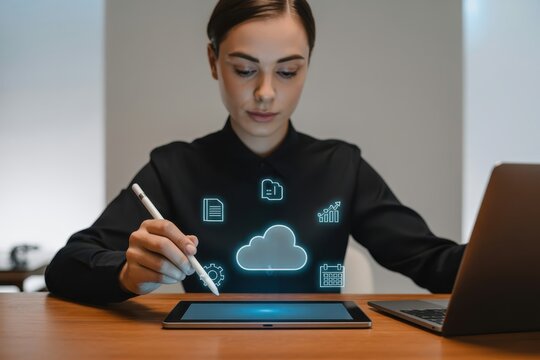 Woman using a tablet with holographic cloud computing icons. - Powered by Adobe