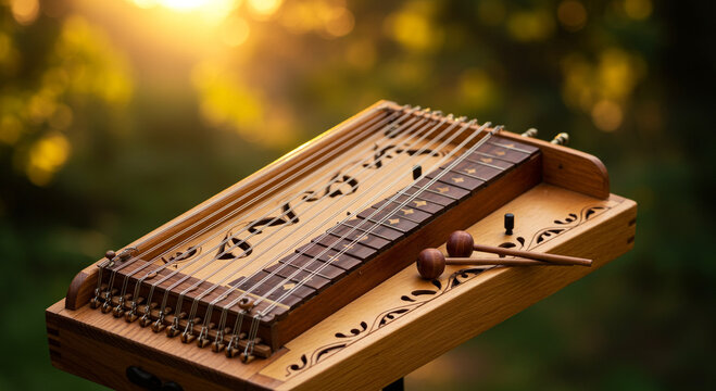 Close up of a hammered dulcimer with mallets on a stand in a natural outdoor setting with sunlight