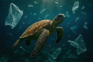 Fototapeta premium Sea turtle swimming desperately near floating plastic pollution highlighting urgent ocean conservation crisis