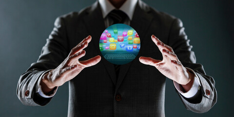 businessman holding a sphere with a globe in his hands.