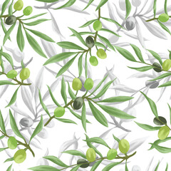 Olive Branch and Leaves Seamless Pattern