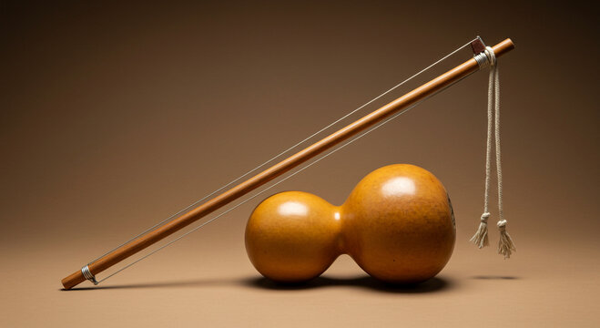 A berimbau musical instrument resting on a brown surface against a plain brown background in studio lighting