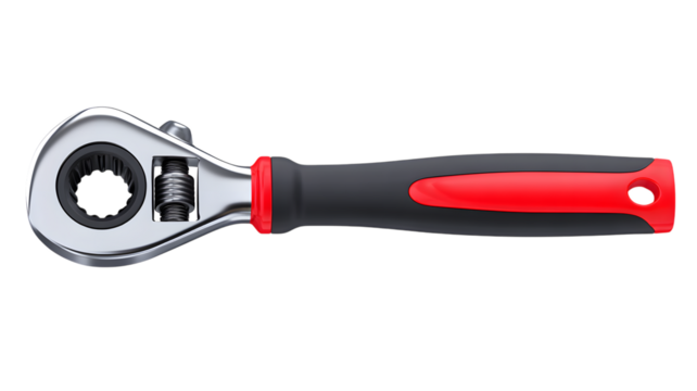 Detailed close up studio shot of a shiny modern chrome ratchet wrench with red and black handleb isolated on white transparent background PNG cutout
