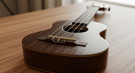 Fototapeta premium Close up of a dark brown ukulele with strings on a wooden surface in soft natural lighting
