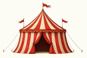 Traditional red and white striped circus tent isolated on white background for entertainment advertising