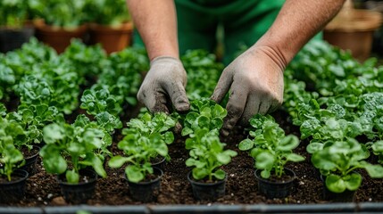 Close-up of gloved hands planting seedlings in a greenhouse