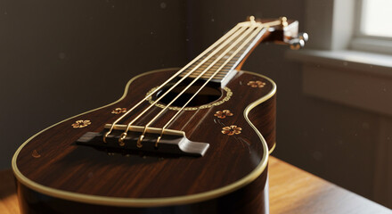 Fototapeta premium Close up of a dark brown ukulele with floral inlays and silver tuning pegs on a wooden surface
