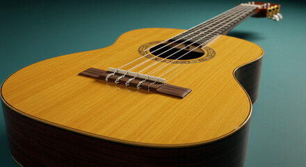 Fototapeta premium Close up view of an acoustic guitar showing the body strings and bridge on a green background