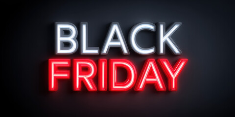 Obraz premium Black Friday neon sign with glowing white and red letters on dark background, creating dramatic and eye catching sale promotion effect