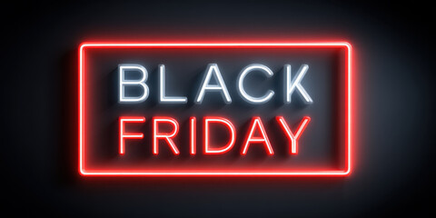 Black Friday neon sign with glowing red and white lights on dark background, creating dramatic and eye catching sale promotion