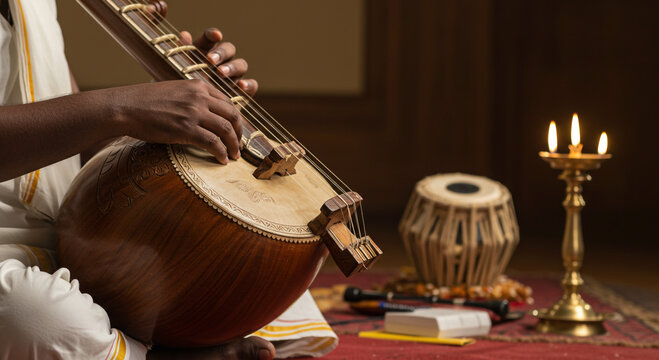 Close up of a musician playing a tanpura with tabla and candles in the background on a red carpet