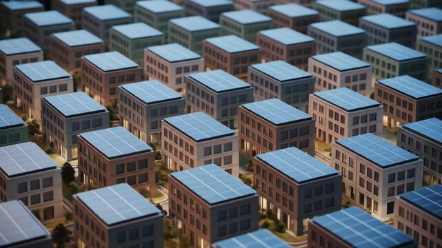 Sustainable urban development model solar powered architecture illustration eco friendly city buildings grid pattern overhead view clean energy solutions sustainable housing project business image