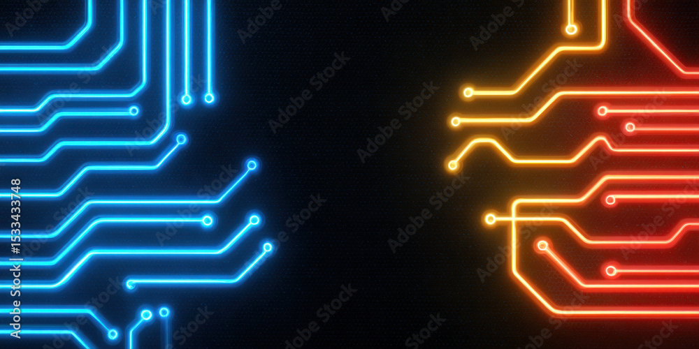 Poster neon blue and orange circuit board pattern on black background with glowing lines creating futuristi