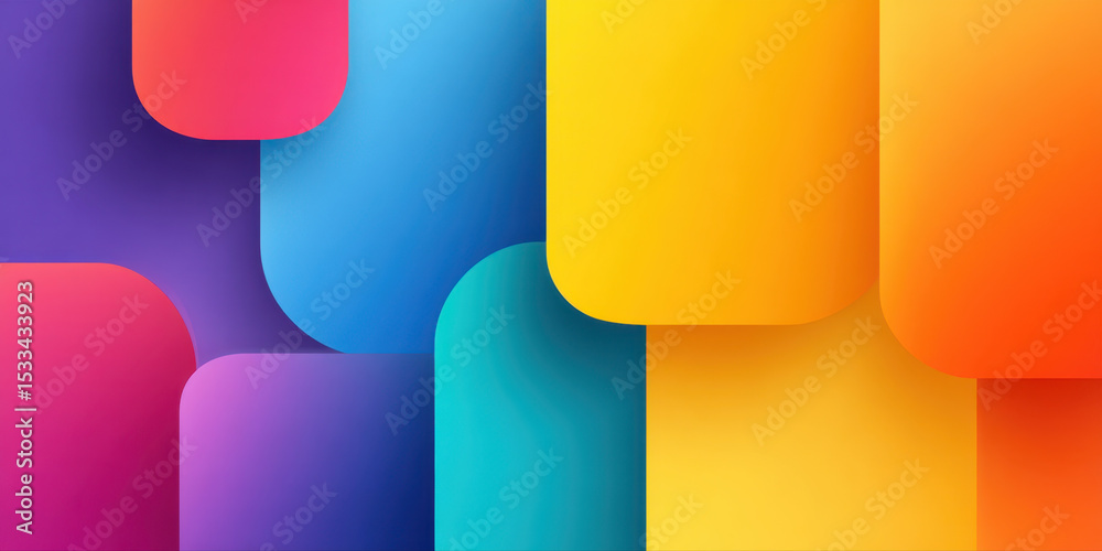 Poster vibrant geometric abstract background with overlapping rounded rectangles bright blue, yellow, orang