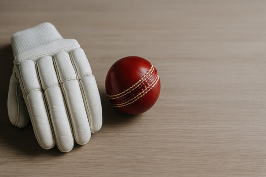 Cricket glove and red ball on wooden surface indicating game preparation