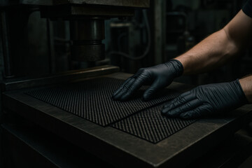 Technician wearing gloves positioning carbon fiber sheets on industrial press machine for composite material manufacturing