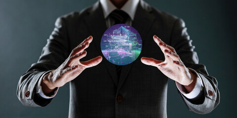 businessman holding a sphere with a globe in his hands.