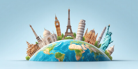 Colorful globe with famous world landmarks including Eiffel Tower, Statue of Liberty, and Leaning Tower of Pisa, inspiring travel dreams