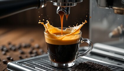 A dynamic close-up of espresso splashing dramatically from a coffee machine into a clear glass cup, creating an energetic and vibrant coffee advertisement image.