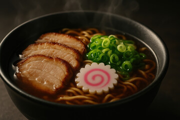 Delicious bowl of ramen with chashu pork, narutomaki, and green onions