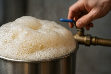 Foamy beer overflowing from tap into stainless steel fermenter in brewery