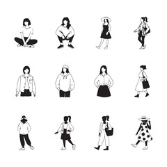 A set of nine black and white illustrations depicting women in various poses and outfits, Stylish Women in Various Outfits, Black and White Illustrations vector art