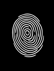 A white fingerprint with concentric lines on a black background in a vertical orientation image style