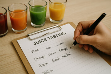 Person writing juice tasting notes on clipboard with diverse flavored glasses