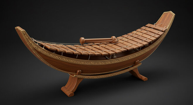 Close up of a wooden ranat ek thai xylophone musical instrument with curved boat shaped resonator