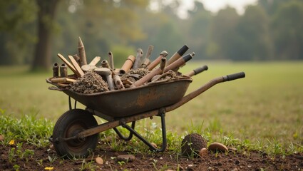 Rusted wheelbarrow with wooden sticks on grassy field near forest