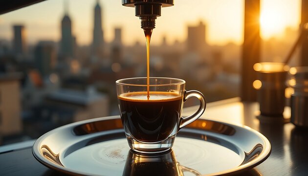 A rich espresso flowing from a professional machine into a clear glass cup on a sleek metal tray, with a soft, blurred background suggesting a modern cafe ambiance.
