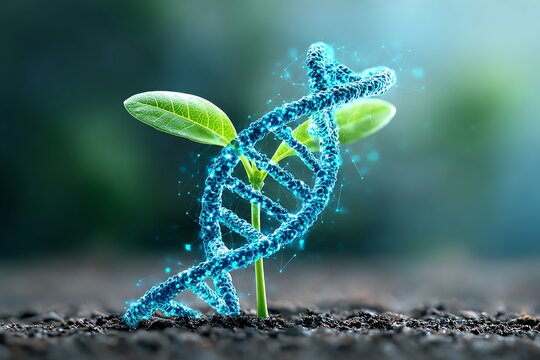 digital DNA helix growing from soil like a plant, surrounded by nanobot leaves, biotechnology and AI symbolism