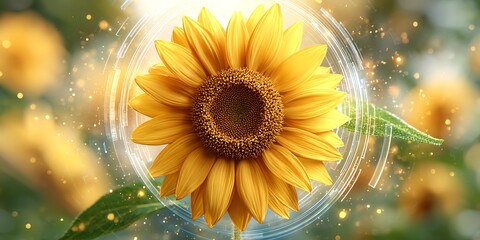a single sunflower glowing with digital hologram petals, surrounded by nature in soft golden light, hope and tech future