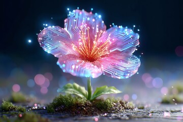 biotech flower blooming with glowing circuit-petal, high-tech organic hybrid, cyber garden style, glowing particles around
