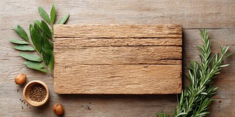 Rustic wooden board with fresh green herbs and spices on wooden table, creating natural and cozy kitchen atmosphere
