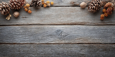 Rustic wooden background with pine cones and dried flowers arranged on top, creating natural and warm autumn atmosphere