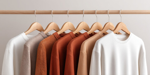 Minimalist clothing in neutral and warm tones hanging on wooden hangers, showcasing sustainable fashion with cozy knitwear and sweaters