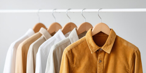 Corduroy shirt and minimalist clothing in neutral colors hanging on wooden hangers on white rack, showcasing sustainable fashion style