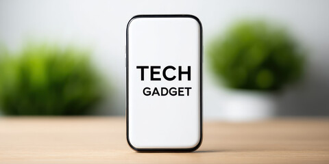 Tech gadget text on smartphone screen standing on wooden table with blurred green plant background, modern technology concept
