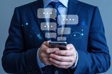 Businessman using a smartphone with superimposed message bubbles.