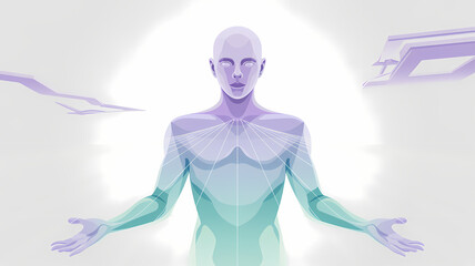 Fourth-Dimensional Being in Abstract Space with Shifting Geometric Patterns and Pastel Colors in a White Void