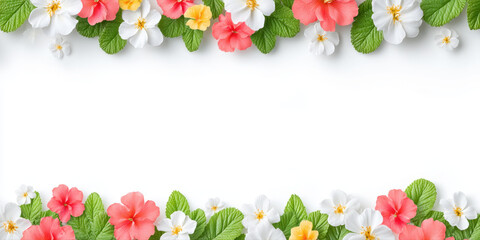 Spring flowers border with vibrant pink, white, and yellow blossoms and fresh green leaves on clean white background