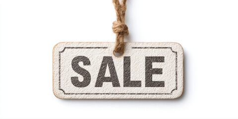 Vintage style sale tag with distressed texture hanging on rope, simple design for discount or promotion, isolated on white background