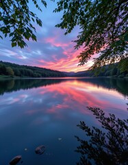 Serene Lake Reflection at Colorful Sunset
