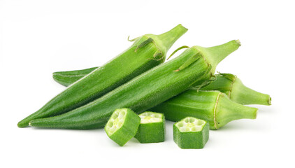Pile of fresh okra with slice on white background.