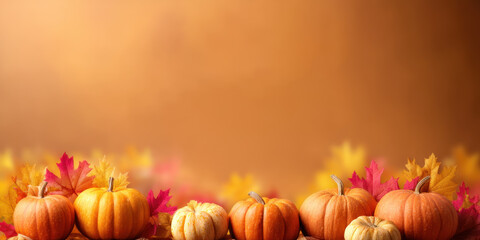 Warm autumn harvest with small pumpkins and colorful fall leaves creating cozy seasonal atmosphere in soft light