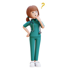 3D medical nurse doctor character in a white lab coat is looking up and thinking