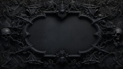 Ornate gothic frame with skulls and bat wings in dark monochrome design for halloween invitation card